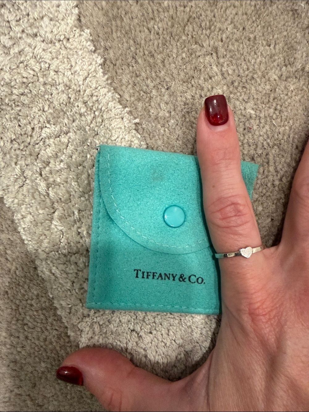 Tiffany & Co. small silver heart ring + Robin's Egg Felt Jewelry Pouch- size 7